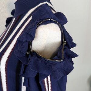 RARE Halogen Convertible Ruffle Striped Sweater Zip-Off Sleeves Navy Small